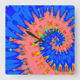 Quadrado Relógio Tie Dye Espiral Azul Brilhante e Pêssego