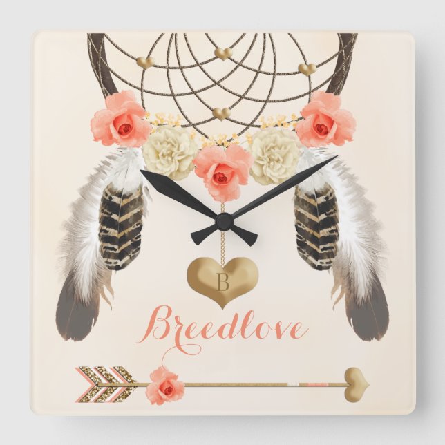 Quadrado Relógio Tribal de Boho com Dreamcatcher e Penas (Frente)