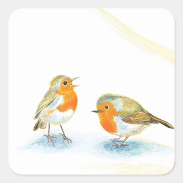 Quadrado Robins vermelhos no adesivo retangular de inverno (Frente)
