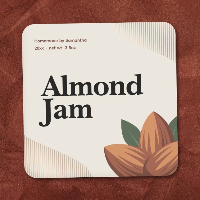 Quadrado Rótulo Moderno de Geléia de Amêndoa Adesivo  (Modern Almond Jam Label Sticker )