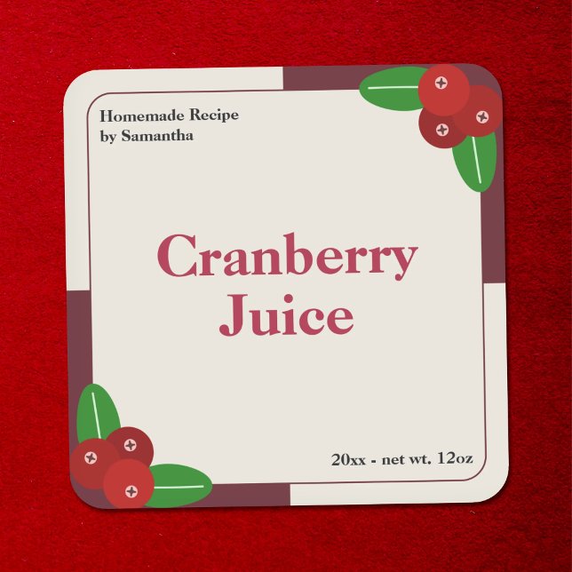 Quadrado Rótulo Moderno de Suco de Cranberry Adesivo (Modern Cranberry Juice Label Sticker)