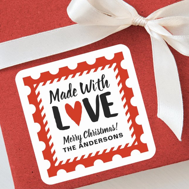 Quadrado Selo Adesivo de Natal Feito Com Amor (A fun Christmas made with. love gift sticker for you handmade and homemade holiday gifts)