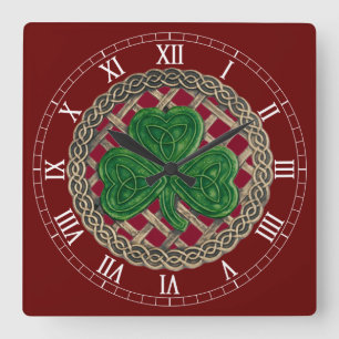 Quadrado Shamrock Vermelho e Números Celtas Relógio