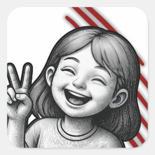 Quadrado Sinal de Paz de Menina Fofa Adesivo – Ilustração P