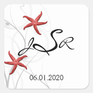 Quadrado Starfish vermelho com adesivo de monograma de cora