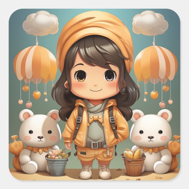 Quadrado Um adesivo de menina bonito (Frente)