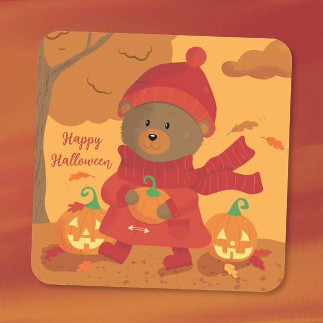 Quadrado Urso Pardo com Adesivo de Halloween de Abóbora (Brown bear with pumpkin Happy Halloween square sticker .)
