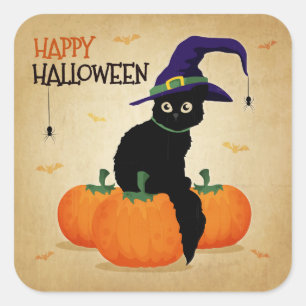 Quadrado Vintage Halloween Cat e Pumpkins Adesivo
