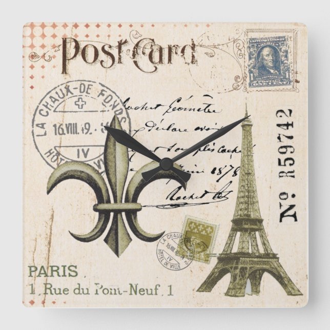 Quadrado Vintage Paris Eiffel Tower relógio de postais (Frente)