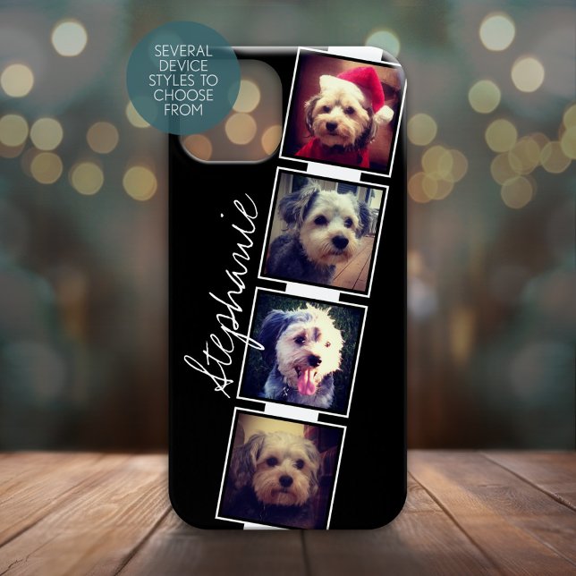 Quadrados de Colagem de Fotos Pretos e Brancos com (Personalized Phone Case with 4 Photos and Custom Text - Pick Your Device Style)