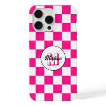 Quadrados xadrez rosa quente branco Monograma retr