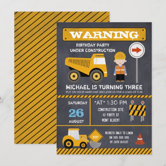 Quadro-Alcalão Em Construção Convite De Aniversári (Frente/Verso)