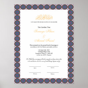 Quadro azul Certificado de nikkah muçulmano poster