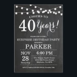 Quadro De Convite De aniversário de 40 anos Surpre<br><div class="desc">Surpresa aniversário de 40 anos Invitation Chalkboard Background com luzes de sequência.Preto & Branco. 13 15 16º 18º 20 21 rua 30 40º 50º 80 de 60º 70 de 100º, qualquer idade. Aniversário Adulto. Mulher ou Festa de aniversário masculina. Para mais personalização, clique no botão "Personalizar" e use a ferramenta...</div>