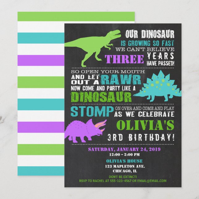 Quadro de convites para aniversários de dinossauro (Frente/Verso)