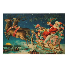 Quadro De Madeira Feriado de Natal Vintage Santa Claus Sleigh