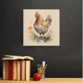 Quadro De Madeira pintura aquosa de frango numa fazenda