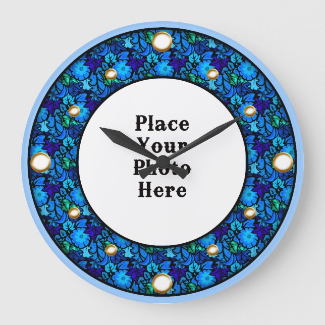 Quadro Floral Azul Seu Relógio De Parede De Fotogr (Frente)