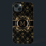 Quadro Floral Barroco Negro e Dourado Elegante<br><div class="desc">Estilo barroco de quadro floral elegante preto e ouro com monograma personalizável.</div>