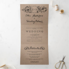 Quadro floral de cartão Kraft com iniciais de casa