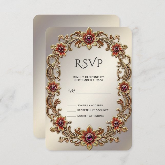 Quadro Floral Dourado com placa RSVP de Pedras Ver (Frente/Verso)