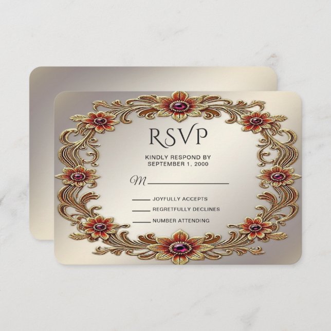 Quadro Floral Dourado com placa RSVP de Pedras Ver (Frente/Verso)