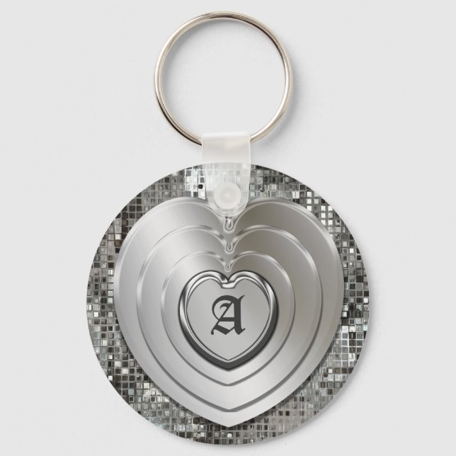 Qualquer Chaveiro inicial de coração prateado (Frente)