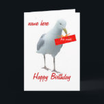 Qualquer do cartão do dia do aniversário da<br><div class="desc">Um cartão de aniversário inteiramente customisable. Mude as palavras,  adicione o nome. Uma gaivota que guardara para fora um presente,  entregado pelo correio aéreo.</div>