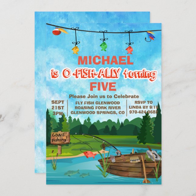 QUALQUER IDADE - Convite de Aniversário de Pesca F (Frente/Verso)