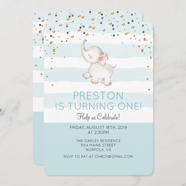 QUALQUER IDADE - Convite de Aniversário do Elefant (Frente/Verso)