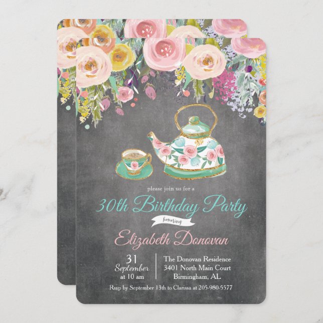 QUALQUER IDADE - Convite de Aniversário Floral do  (Frente/Verso)