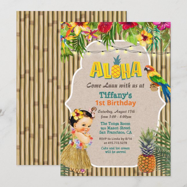 QUALQUER IDADE - Convite Tropical de Aloha Luau (Frente/Verso)