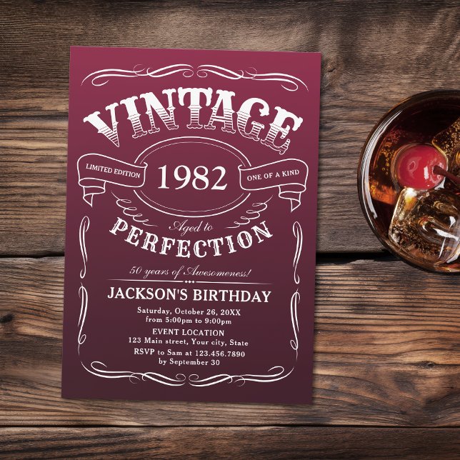 Qualquer Whiskey Vintage Era Um Convite De Anivers (Marsala Any Age Vintage Whiskey Themed Birthday Invitation)