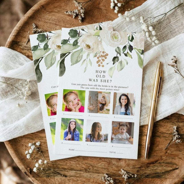 Quantos Anos Ela Tinha Jogo de Chá de Noiva Floral (Printed bridal shower game - photo how old was she? White floral watercolor greenery design.)