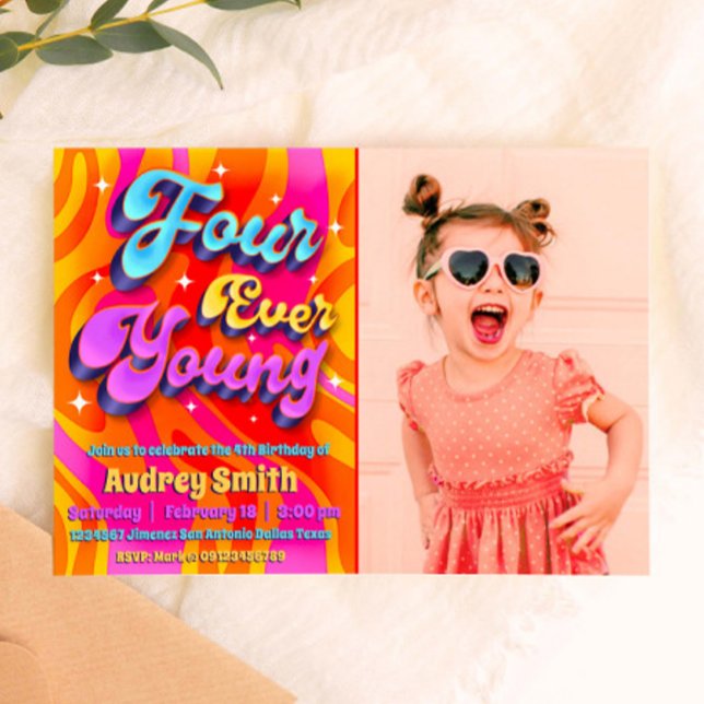 Quarto aniversário de quatro jovens com convite fo (Four Ever Young 4th Birthday with Photo Landscape Invitation - Groovy Birthday
)