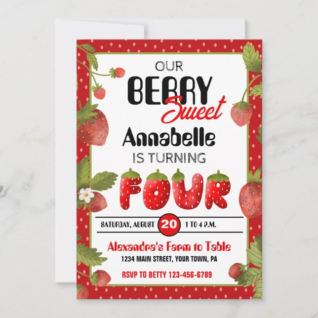 Quarto Convite de aniversário de Morango (Frente)