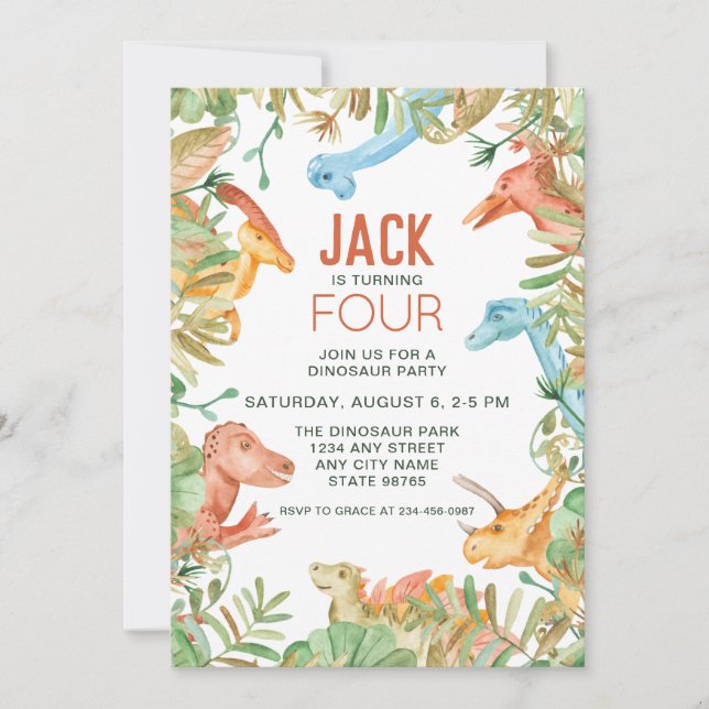 Quarto Convite de aniversário do Dinossauro (Frente)