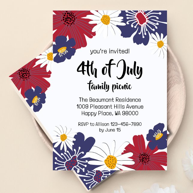 Quarto de julho, 4.º Convite de festas Retro Flora (Retro floral 4th of July party invitation, front and back.)
