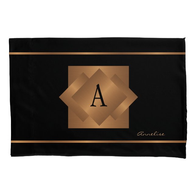 Quarto preto elegante com nome dourado monogramado (Frente)