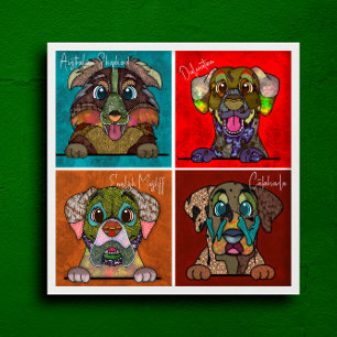 Quatro cães feios rodeiam poster de abstrato