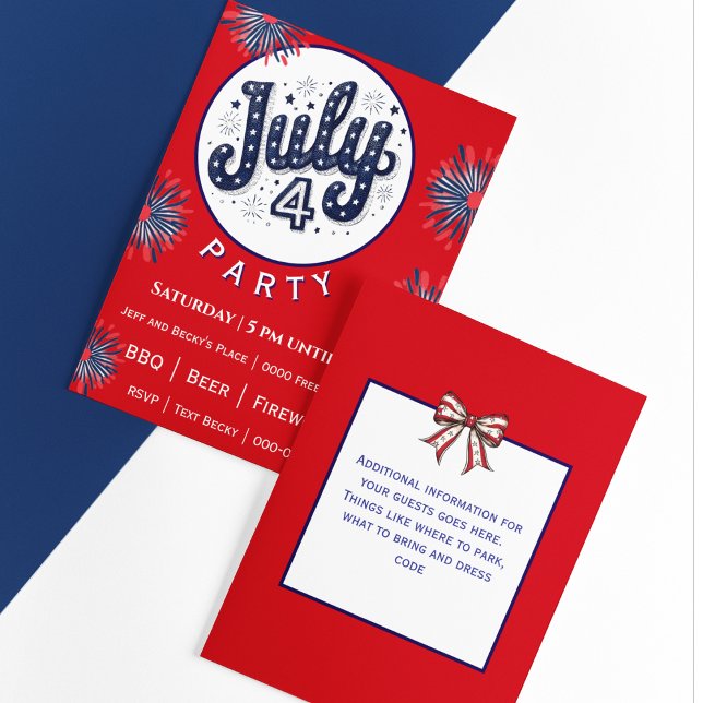 Quatro de Julho com Fogos de Artifício em Vermelho (Fully customize the front and back of your Fourth of July party invitation)