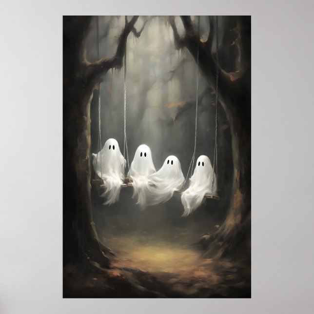 Quatro fantasmas fofos em um balanço em impressão  (Frente)