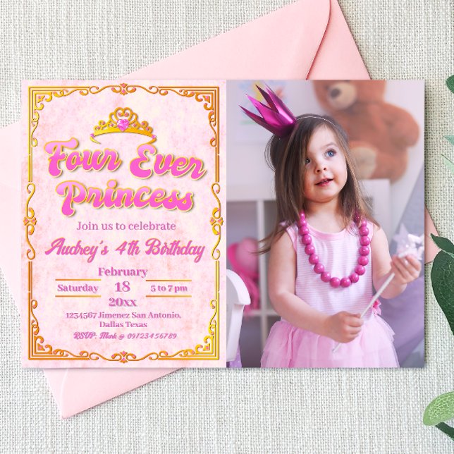 Quatro Princesa - 4.º Convite de Aniversário (Four Ever Princess - Girl 4th Birthday Landscape Invitation with Picture)