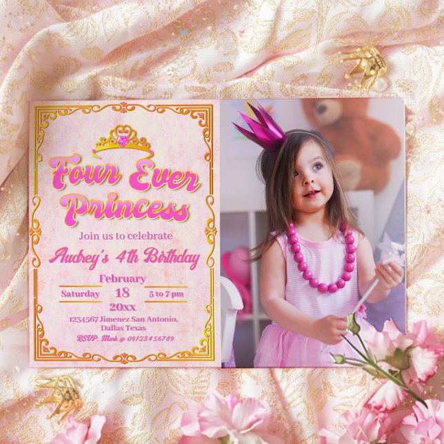 Quatro Princesa para Sempre - Convite de 4º Aniver (Four Ever Princess - Girl 4th Birthday Landscape Invitation with Picture)