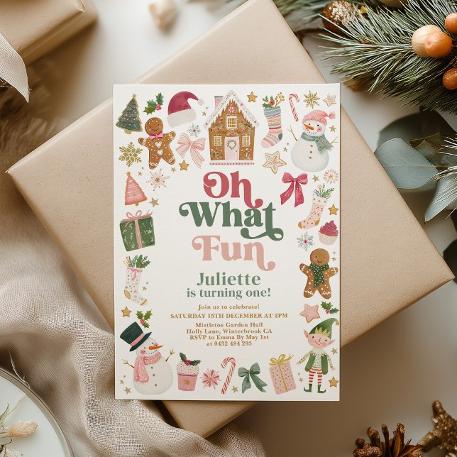 Que Diversão! Convite de Aniversário de 1º Natal (Oh What Fun! Christmas 1st Birthday Party Invitation December Baby )