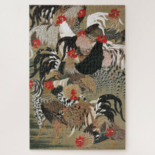 Quebra-cabeça 群鶏図, 若冲 Manada de Galos, Jakuchū, Arte Japonês
