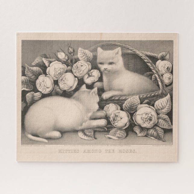 Quebra-cabeça 16x20 Gatinhos Entre Os Rosas - Currier & Ives Cat (Horizontal)