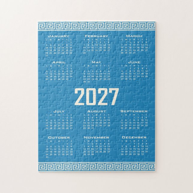 Quebra-cabeça 2027 Calendar, Greek Fret, Cosmic Latte on Blue (Vertical)