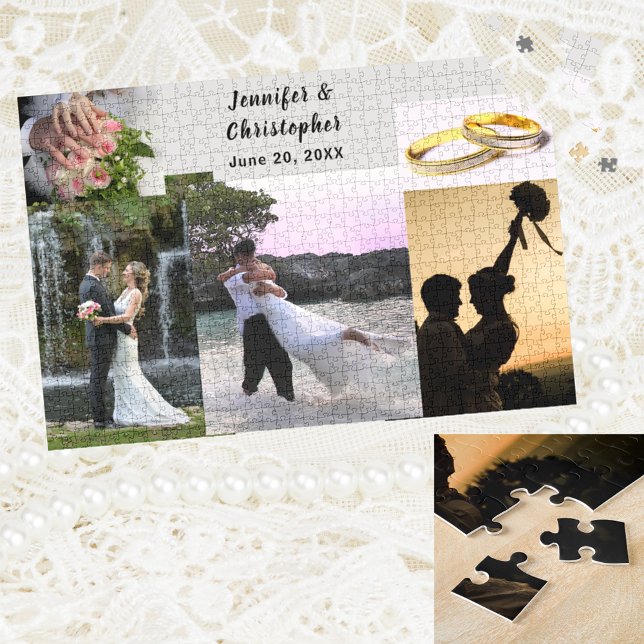 Quebra-cabeça 20 x 30 Bride personalizada e Groom adicione suas  (20 x 30 Personalized Bride & Groom Add Your Photos Jigsaw Puzzle)
