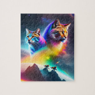Quebra-cabeça 2 Gatos Espaciais Futuristas Luzes Neon Coloridos